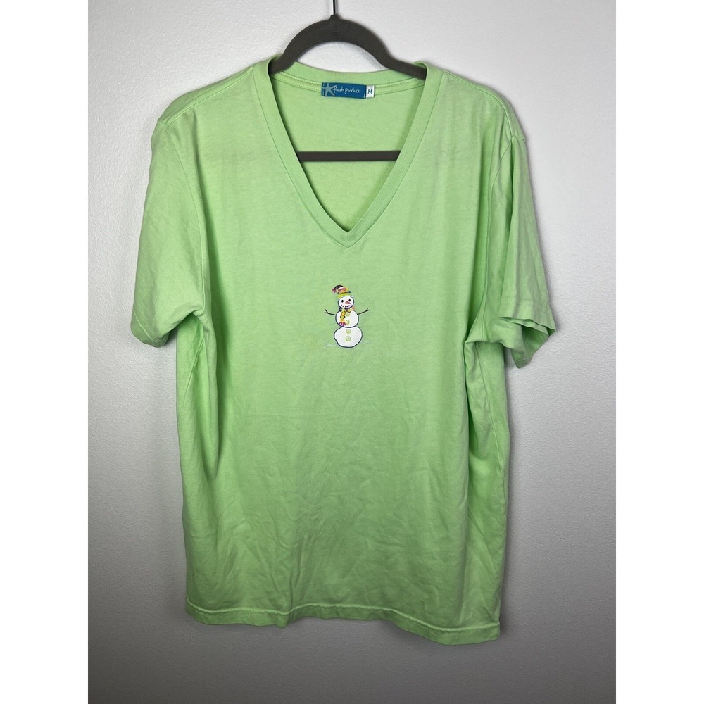 Fresh Produce T Shirt Women Medium Lime Green Snowman‎ V Neck Made In USA Cotton